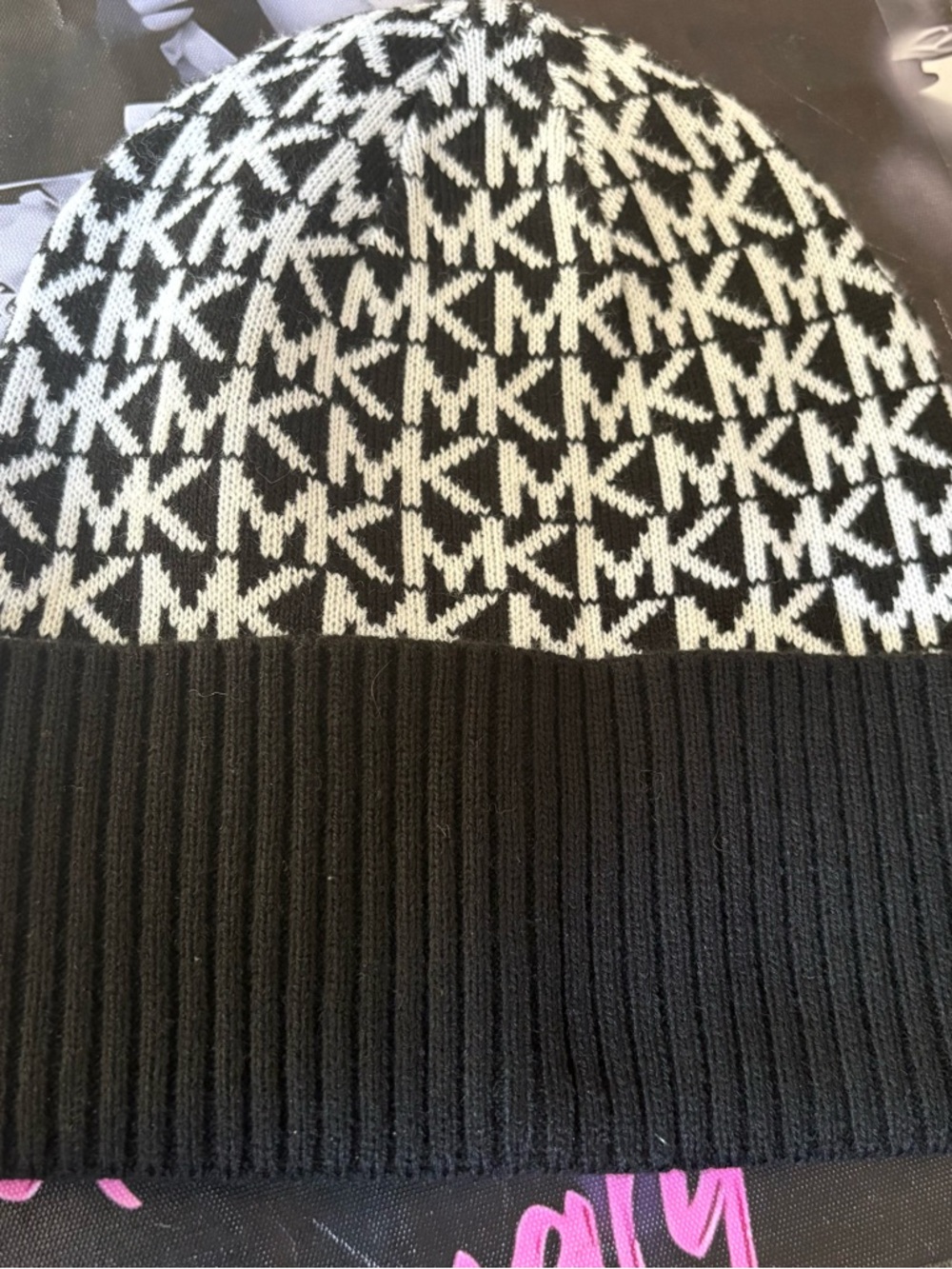 Michael Kors Black & White MK Logo Knit Hat